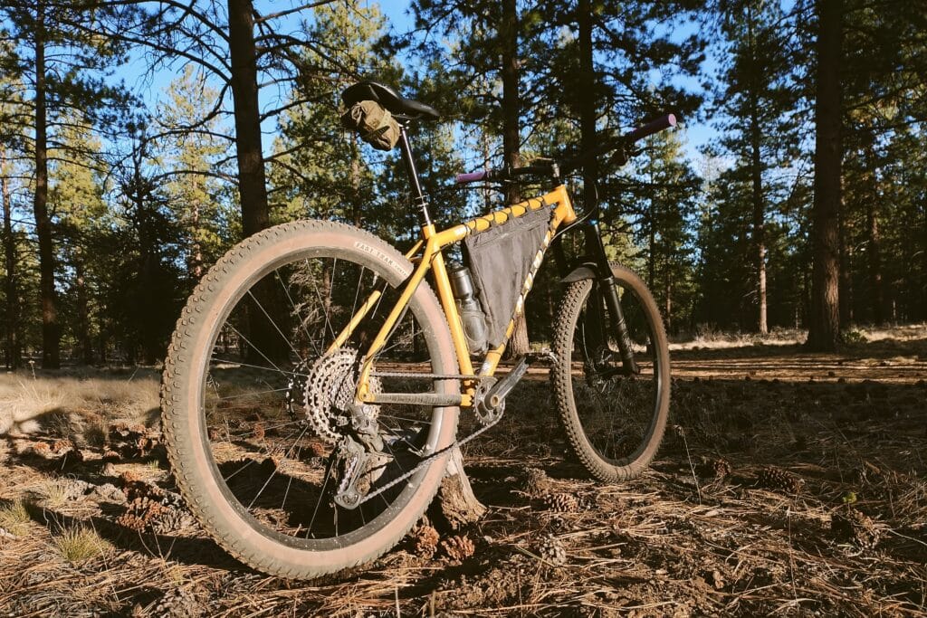 Yellow mountain bike in a pine forest during low light.