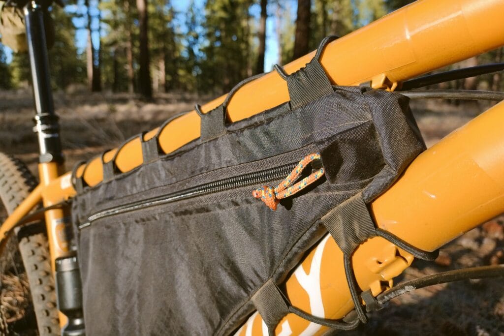 Close up of the front end of a DIY wedge frame bag.