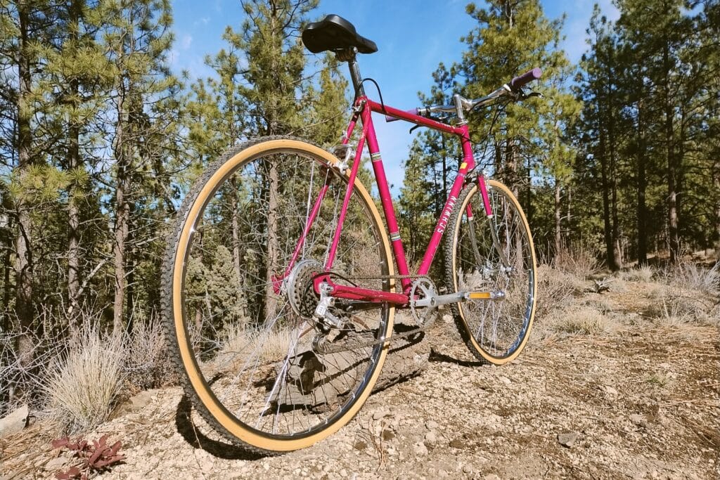 1977 Schwinn Le Tour II converted to a 1x flat bar setup with gravel tires.