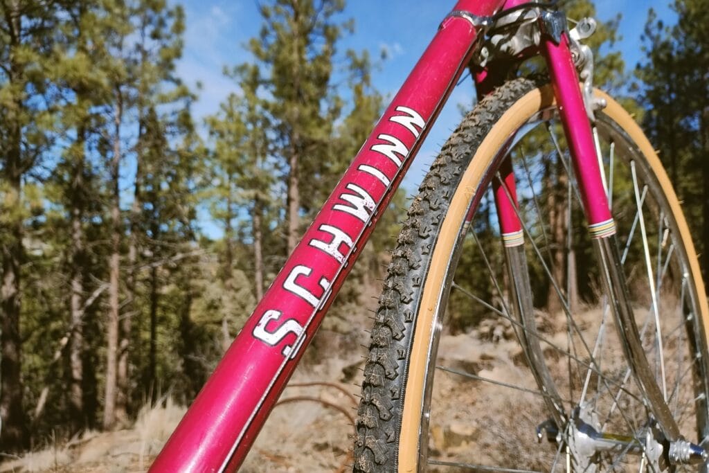 Schwinn downtube logo on a 1977 Schwinn Le Tour II with gravel tires.