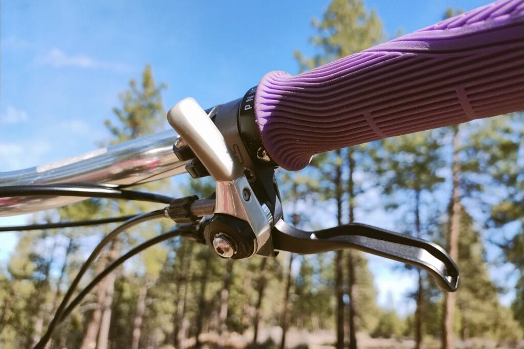 Thumb shifters next to purple grips on a 1977 Schwinn Le Tour II gravel conversion.