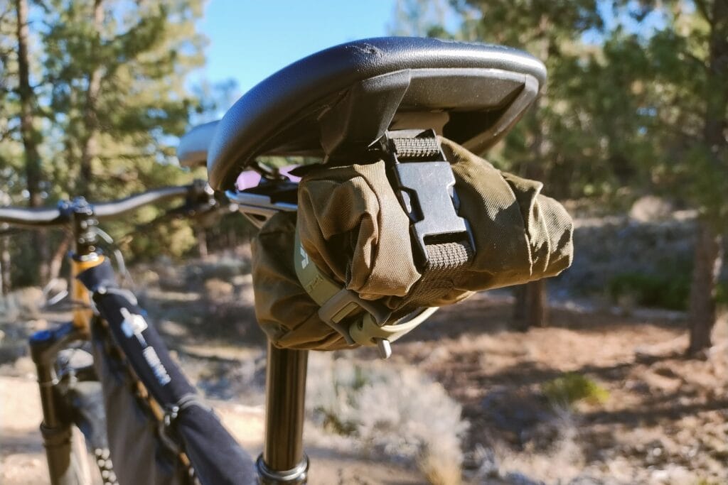 Rear view of the buckle on a DIY roll top saddle bag.