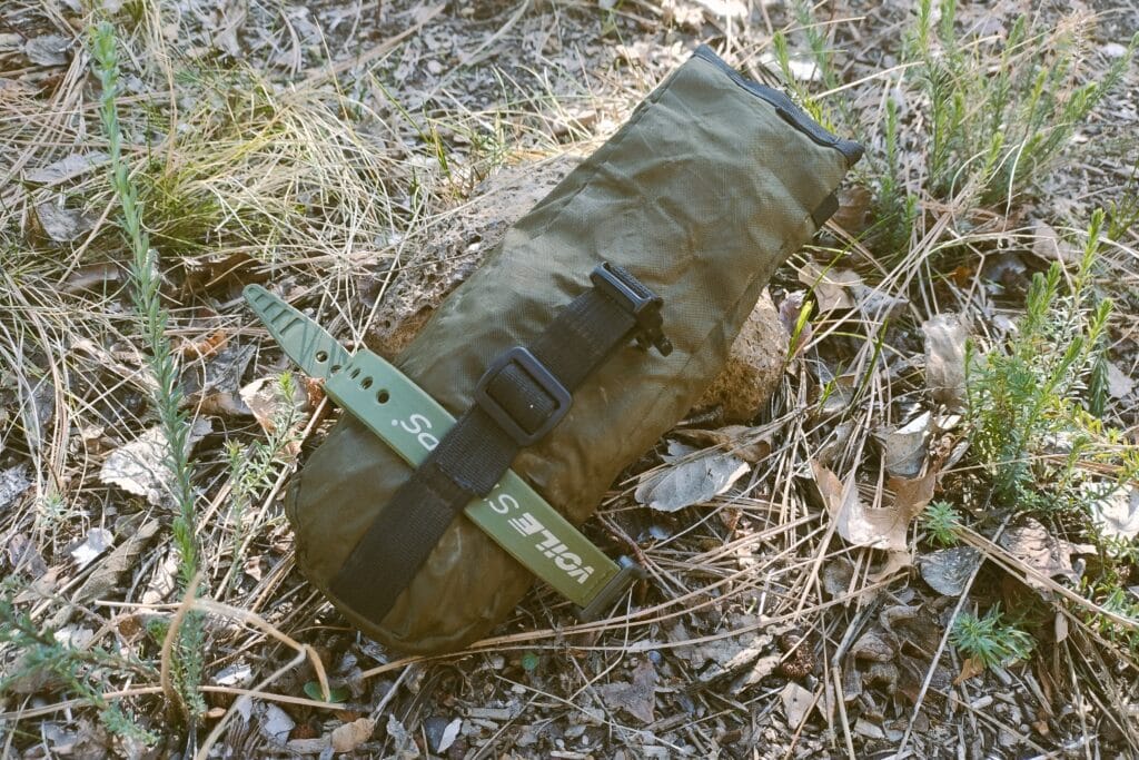 DIY roll top saddle bag with roll top open.