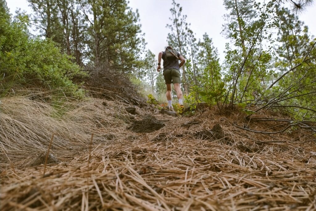 A man running up a trail of pine needles.
